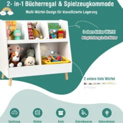 Kinderregal mit 5 offenen Fächern Bücherregal Kinder Kinderzimmerregal mit Massivholzbeinen Weiß