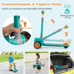 Kinderroller Klappbarer Tretroller mit 3-Fach Höhenverstellbarem Lenker Kinderscooter Grün