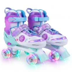 Kinder Rollschuhe 4 Größen Verstellbar Quad Skates mit Leuchtenden Rädern L (EU 37-41)