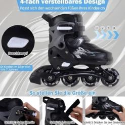 Kinder Rollschuhe 4 Größen Verstellbar Inline Roller Skates mit leuchtenden Rädern Grau S (EU 30-33)