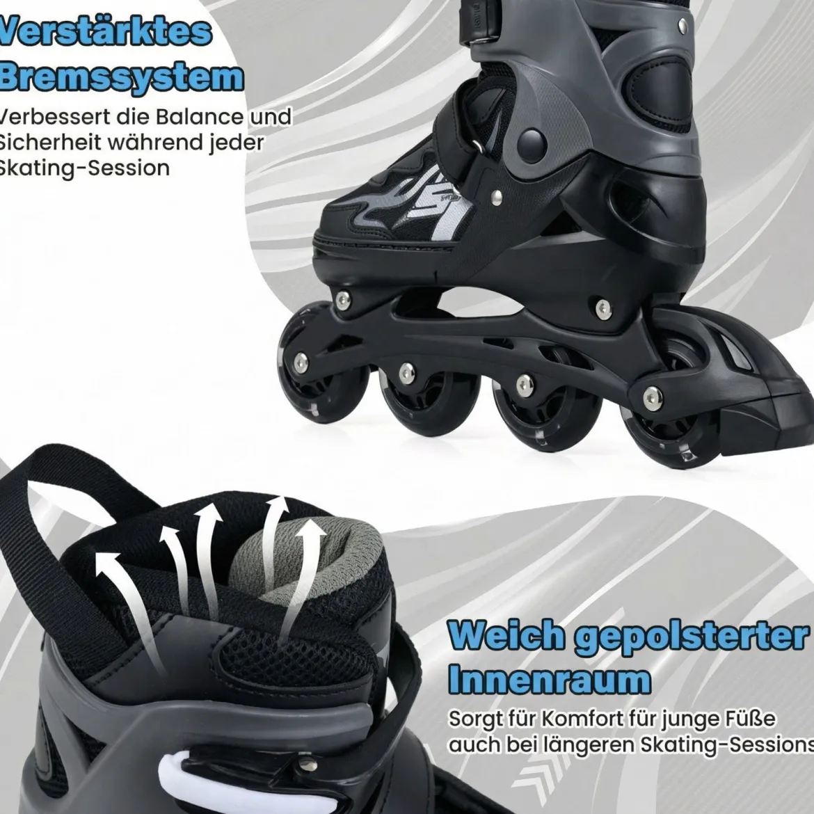 Kinder Rollschuhe 4 Größen Verstellbar Inline Roller Skates mit leuchtenden Rädern Grau S (EU 30-33)