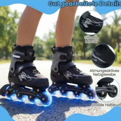 Kinder Rollschuhe 4 Größen Verstellbar Inline Roller Skates mit Leuchtenden Rädern Grau M (EU 34-37)