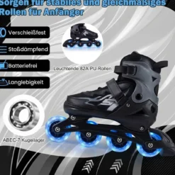Kinder Rollschuhe 4 Größen Verstellbar Inline Roller Skates mit Leuchtenden Rädern Grau M (EU 34-37)