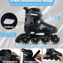 Kinder Rollschuhe 4 Größen Verstellbar Inline Roller Skates mit Leuchtenden Rädern Grau L (EU 38-41)