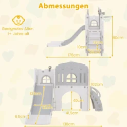 Kinder Rutsche 9 in 1 Kinderrutsche mit Basketballkorb Klettergerüst Tunnel Teleskop & Stauraum Grau