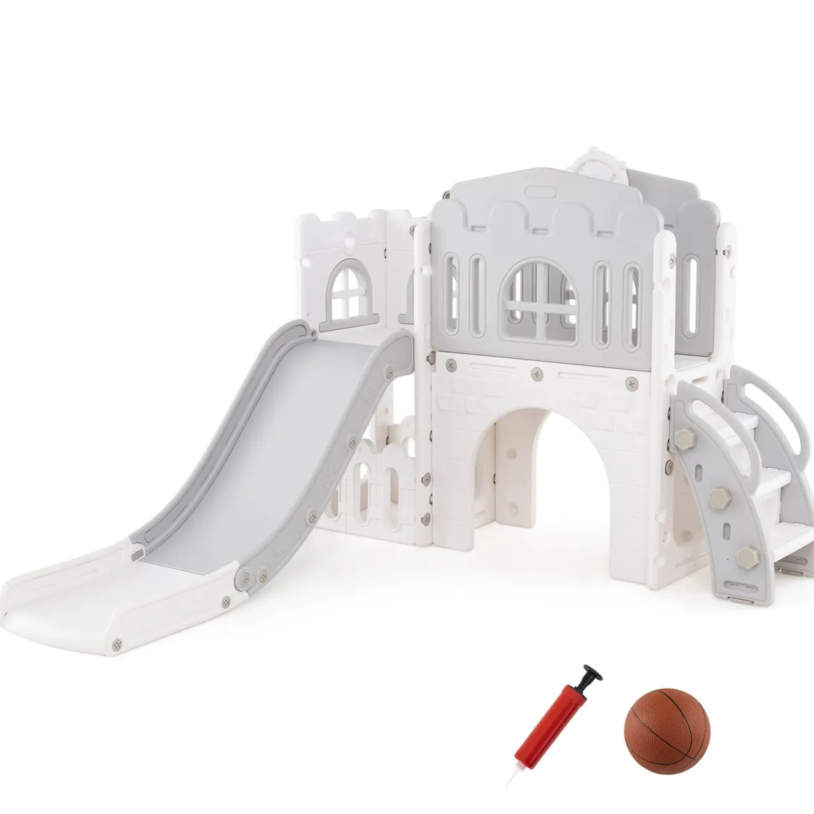 Kinder Rutsche 9 in 1 Kinderrutsche mit Basketballkorb Klettergerüst Tunnel Teleskop & Stauraum Grau