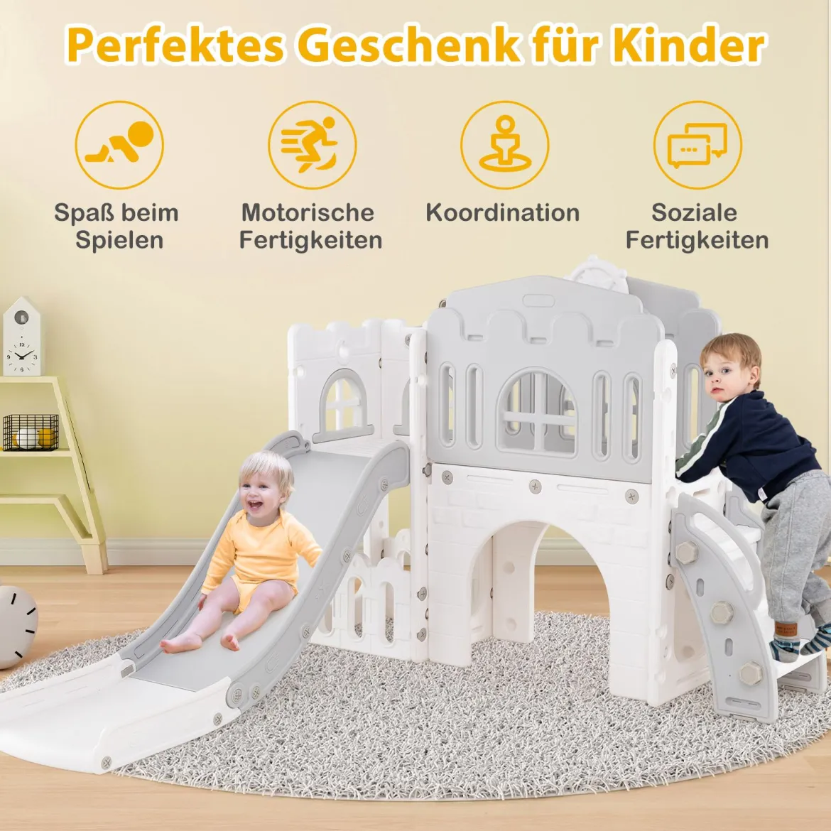 Kinder Rutsche 9 in 1 Kinderrutsche mit Basketballkorb Klettergerüst Tunnel Teleskop & Stauraum Grau