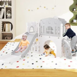 Kinder Rutsche 9 in 1 Kinderrutsche mit Basketballkorb Klettergerüst Tunnel Teleskop & Stauraum Grau