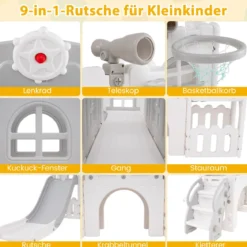 Kinder Rutsche 9 in 1 Kinderrutsche mit Basketballkorb Klettergerüst Tunnel Teleskop & Stauraum Grau
