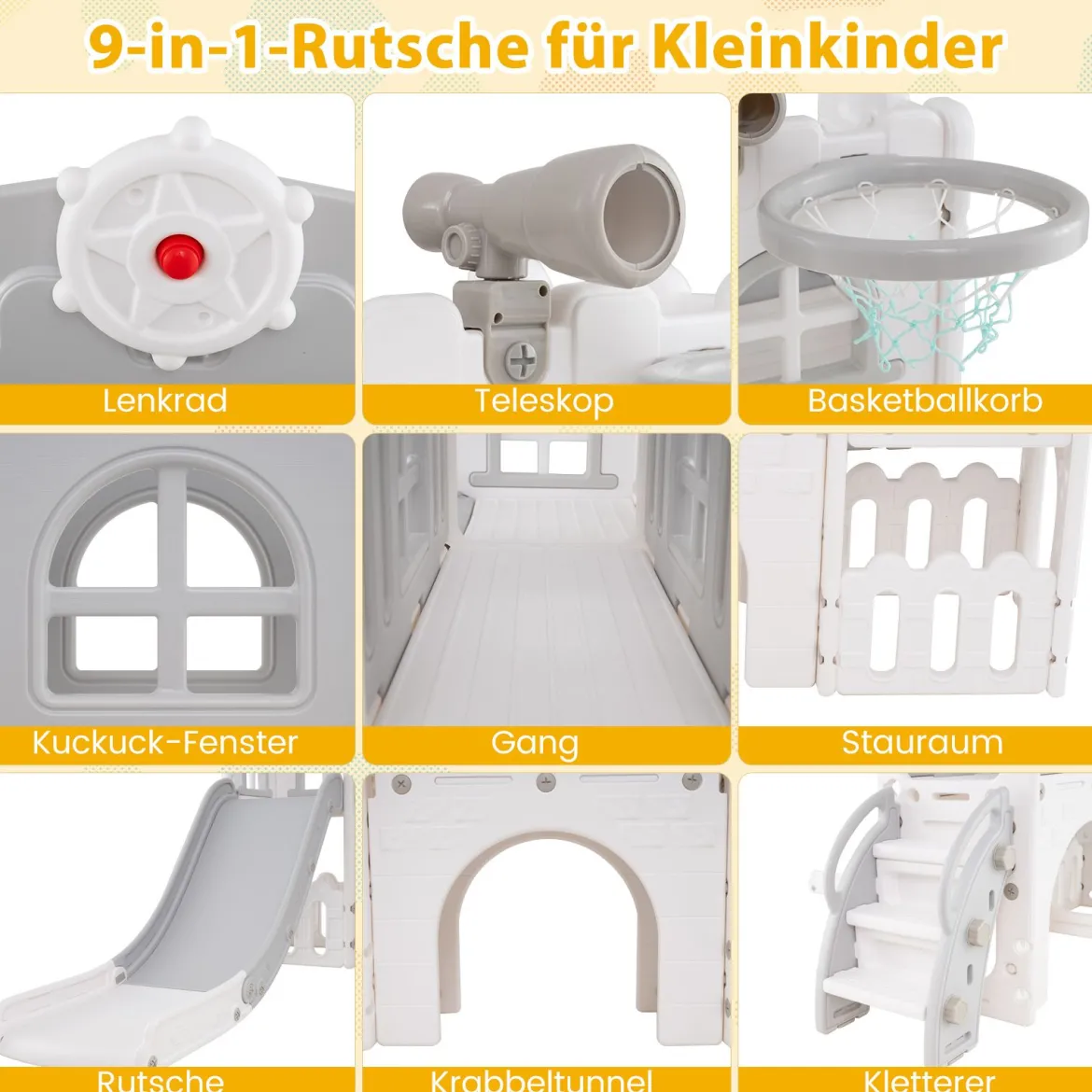 Kinder Rutsche 9 in 1 Kinderrutsche mit Basketballkorb Klettergerüst Tunnel Teleskop & Stauraum Grau