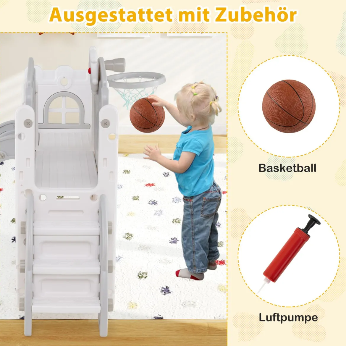Kinder Rutsche 9 in 1 Kinderrutsche mit Basketballkorb Klettergerüst Tunnel Teleskop & Stauraum Grau