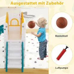 Kinder Rutsche 9 in 1 Kinderrutsche mit Basketballkorb Klettergerüst Tunnel Teleskop & Stauraum Gelb+Grün
