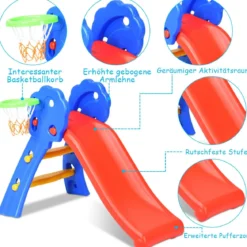 Kinderrutsche Rutschbahn Gartenrutsche für Indoor und Outdoor mit Basketballkorb 108 x 58 x 71,5 cm Bunt