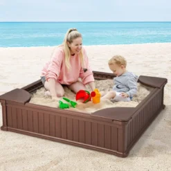 Kinder Sandkasten aus Holz mit Oxford-Abdeckung & Bodenauskleidung & 4 Ecksitzen