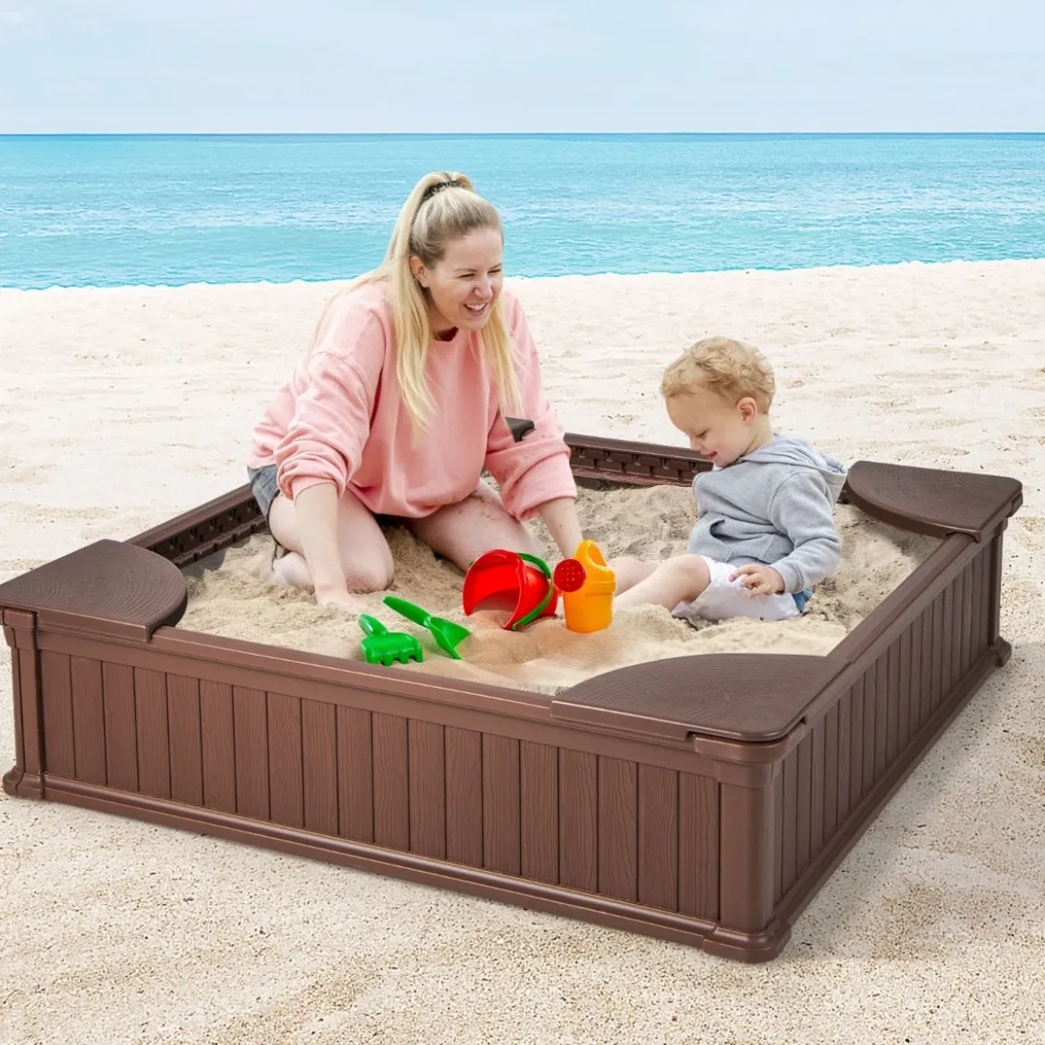 Kinder Sandkasten aus Holz mit Oxford-Abdeckung & Bodenauskleidung & 4 Ecksitzen