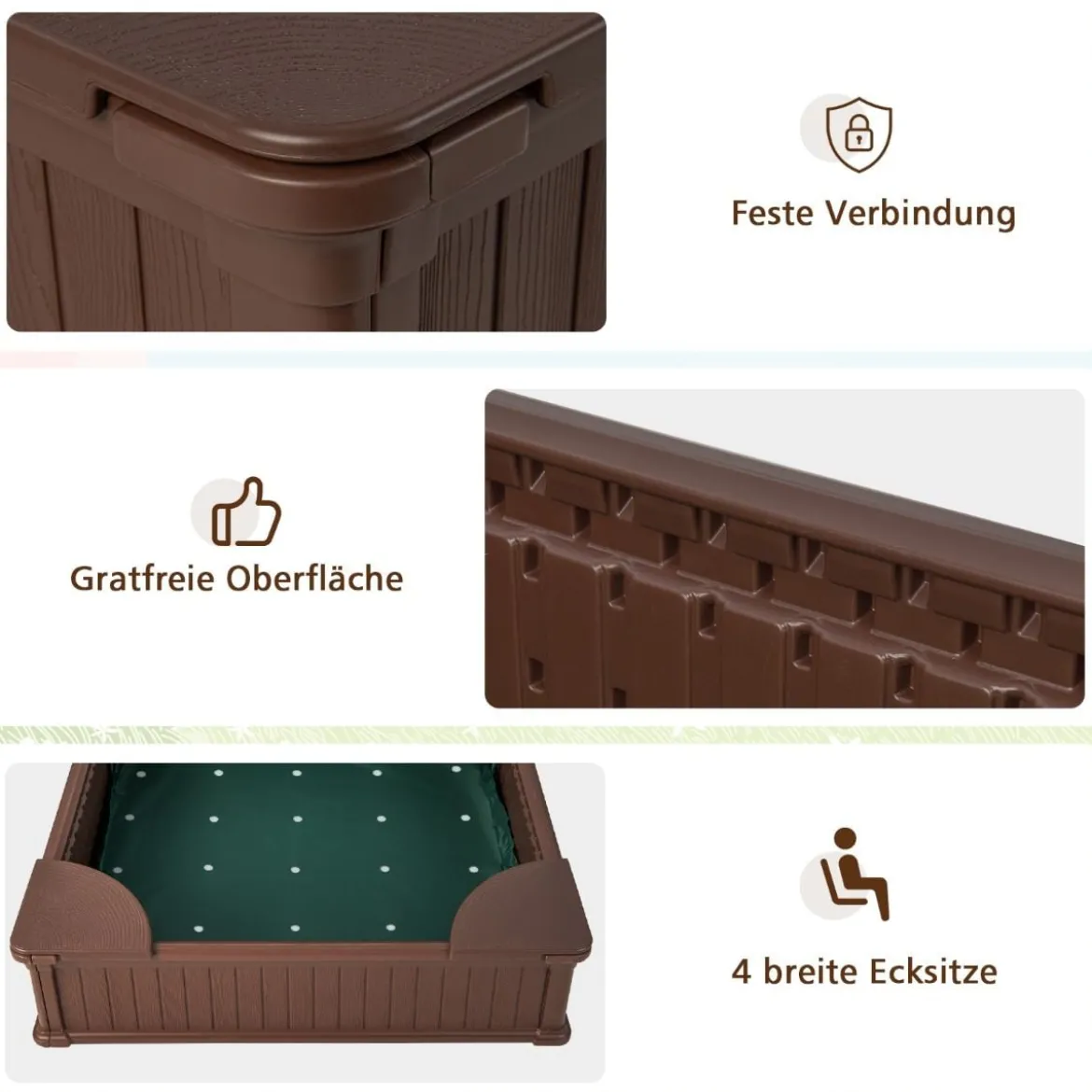 Kinder Sandkasten aus Holz mit Oxford-Abdeckung & Bodenauskleidung & 4 Ecksitzen