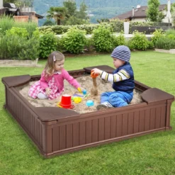 Kinder Sandkasten aus Holz mit Oxford-Abdeckung & Bodenauskleidung & 4 Ecksitzen