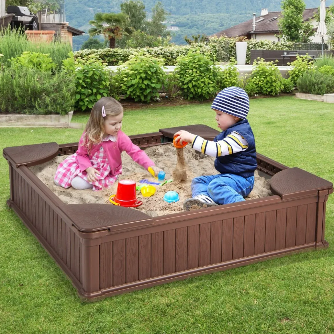 Kinder Sandkasten aus Holz mit Oxford-Abdeckung & Bodenauskleidung & 4 Ecksitzen
