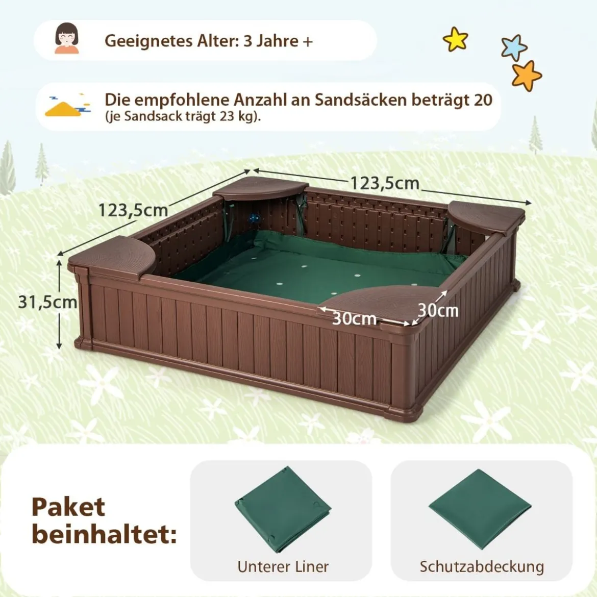 Kinder Sandkasten aus Holz mit Oxford-Abdeckung & Bodenauskleidung & 4 Ecksitzen