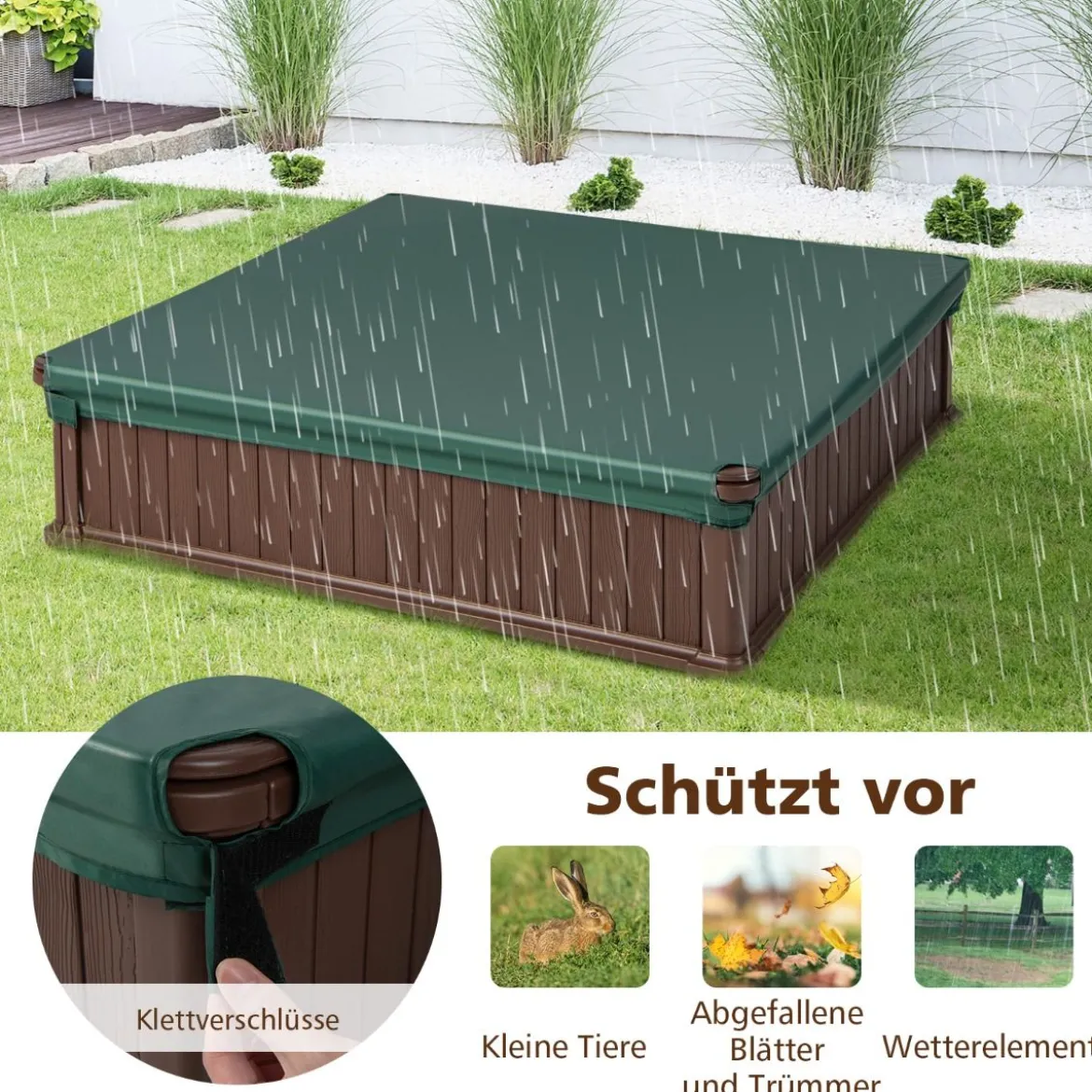 Kinder Sandkasten aus Holz mit Oxford-Abdeckung & Bodenauskleidung & 4 Ecksitzen