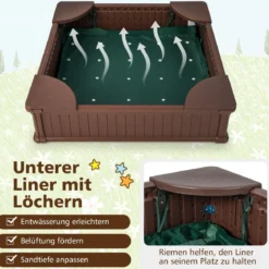 Kinder Sandkasten aus Holz mit Oxford-Abdeckung & Bodenauskleidung & 4 Ecksitzen