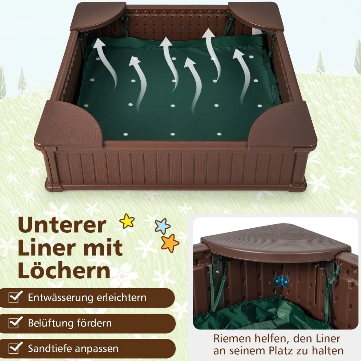 Kinder Sandkasten aus Holz mit Oxford-Abdeckung & Bodenauskleidung & 4 Ecksitzen