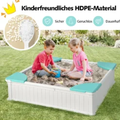 Kinder Sandkasten aus Holz mit Oxford-Abdeckung & Bodenauskleidung & 4 Ecksitzen Weiß