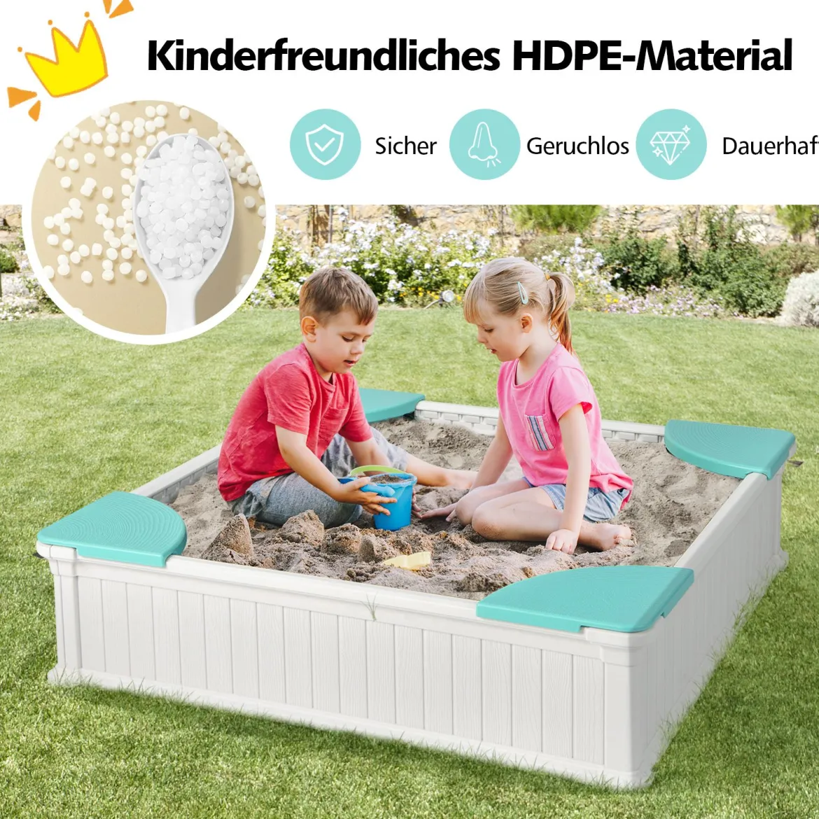 Kinder Sandkasten aus Holz mit Oxford-Abdeckung & Bodenauskleidung & 4 Ecksitzen Weiß