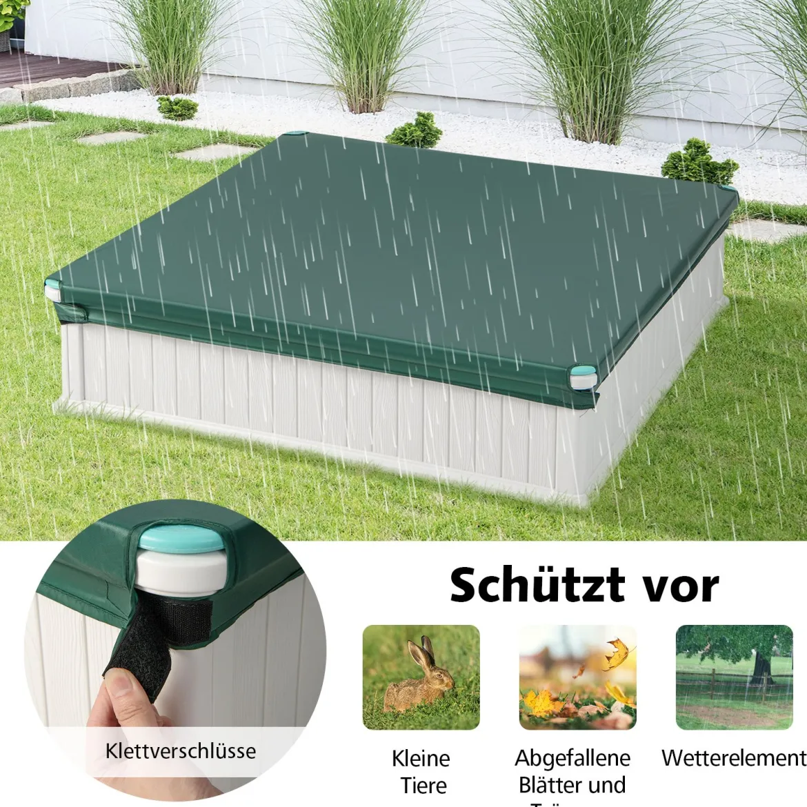 Kinder Sandkasten aus Holz mit Oxford-Abdeckung & Bodenauskleidung & 4 Ecksitzen Weiß