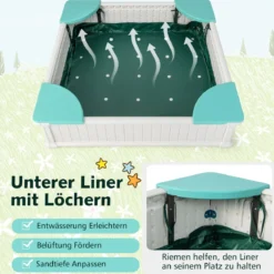 Kinder Sandkasten aus Holz mit Oxford-Abdeckung & Bodenauskleidung & 4 Ecksitzen Weiß