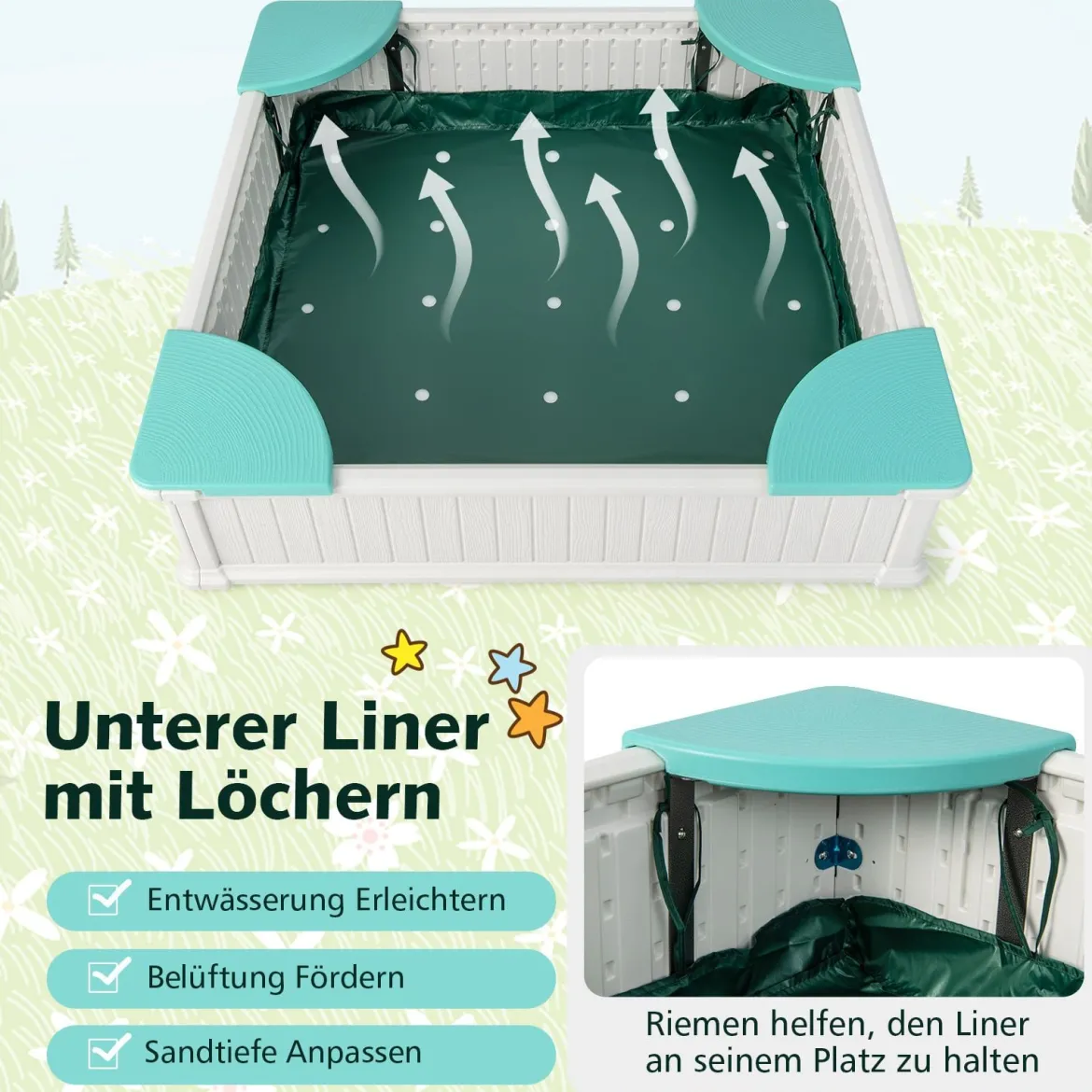 Kinder Sandkasten aus Holz mit Oxford-Abdeckung & Bodenauskleidung & 4 Ecksitzen Weiß