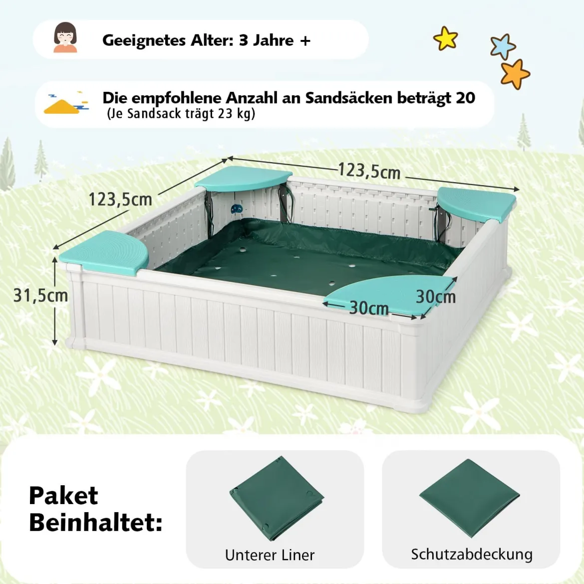 Kinder Sandkasten aus Holz mit Oxford-Abdeckung & Bodenauskleidung & 4 Ecksitzen Weiß