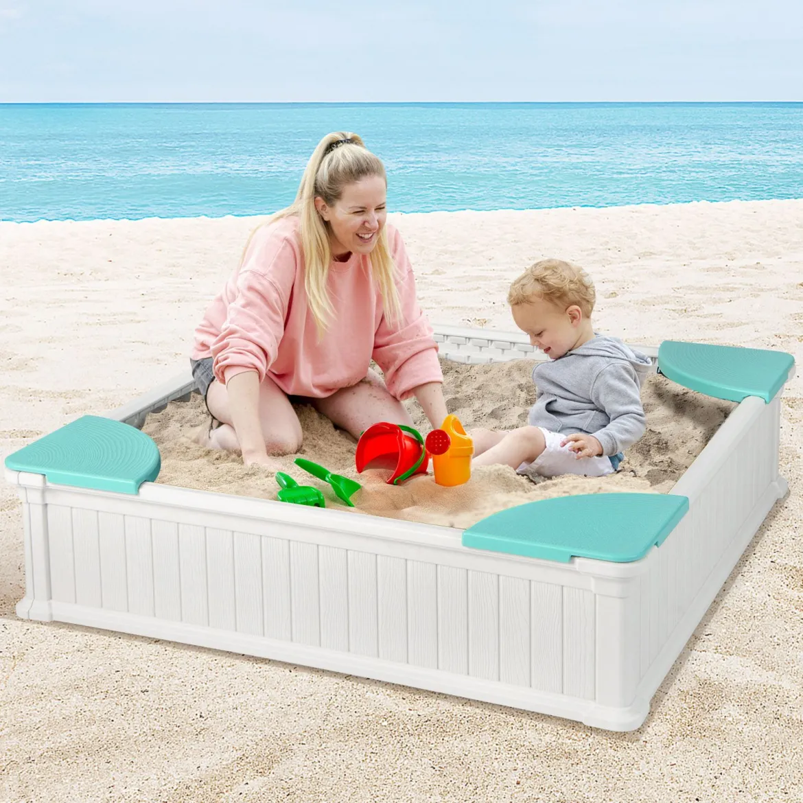 Kinder Sandkasten aus Holz mit Oxford-Abdeckung & Bodenauskleidung & 4 Ecksitzen Weiß
