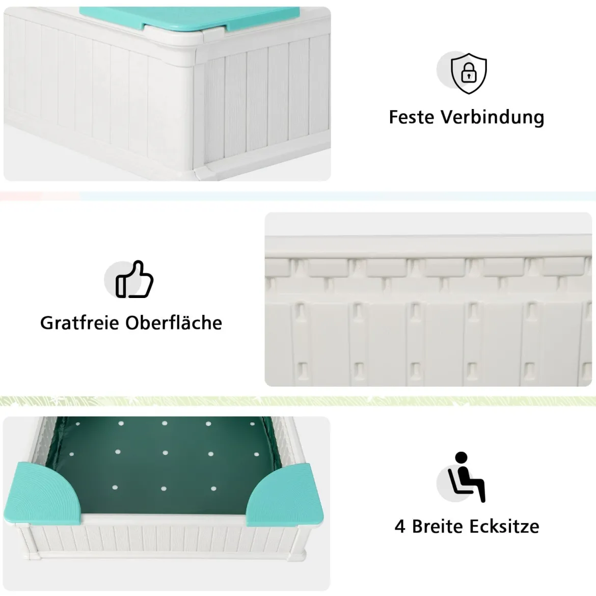 Kinder Sandkasten aus Holz mit Oxford-Abdeckung & Bodenauskleidung & 4 Ecksitzen Weiß