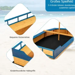 Kinder-Sandkasten Holz-Sandkasten in Piratenschiff-Optik mit Sitzbank und Flagge Holz-Piratenschiff Outdoor 171 x 100 x 130 cm