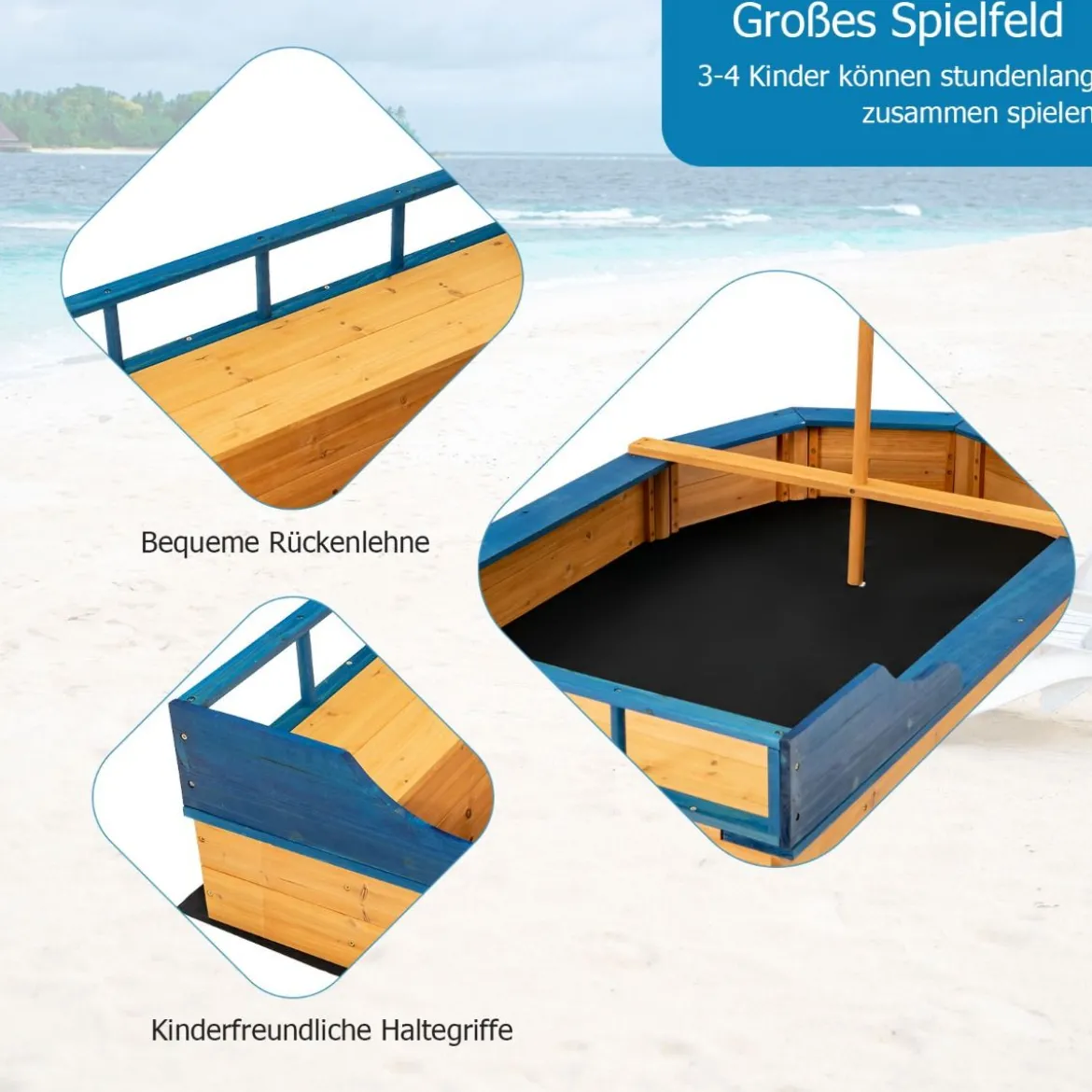 Kinder-Sandkasten Holz-Sandkasten in Piratenschiff-Optik mit Sitzbank und Flagge Holz-Piratenschiff Outdoor 171 x 100 x 130 cm