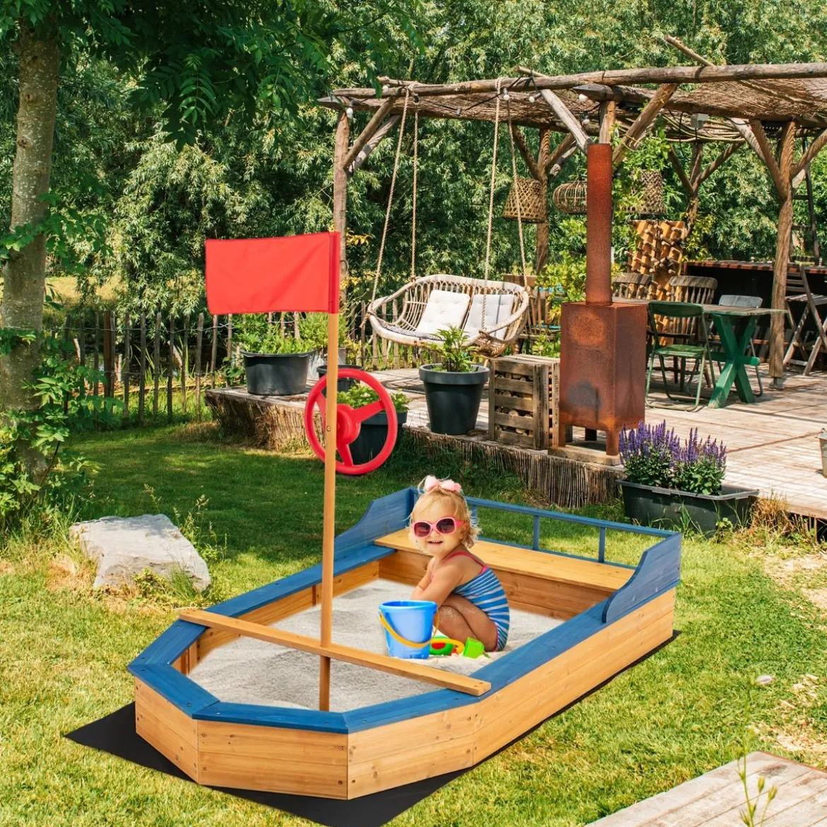 Kinder-Sandkasten Holz-Sandkasten in Piratenschiff-Optik mit Sitzbank und Flagge Holz-Piratenschiff Outdoor 171 x 100 x 130 cm