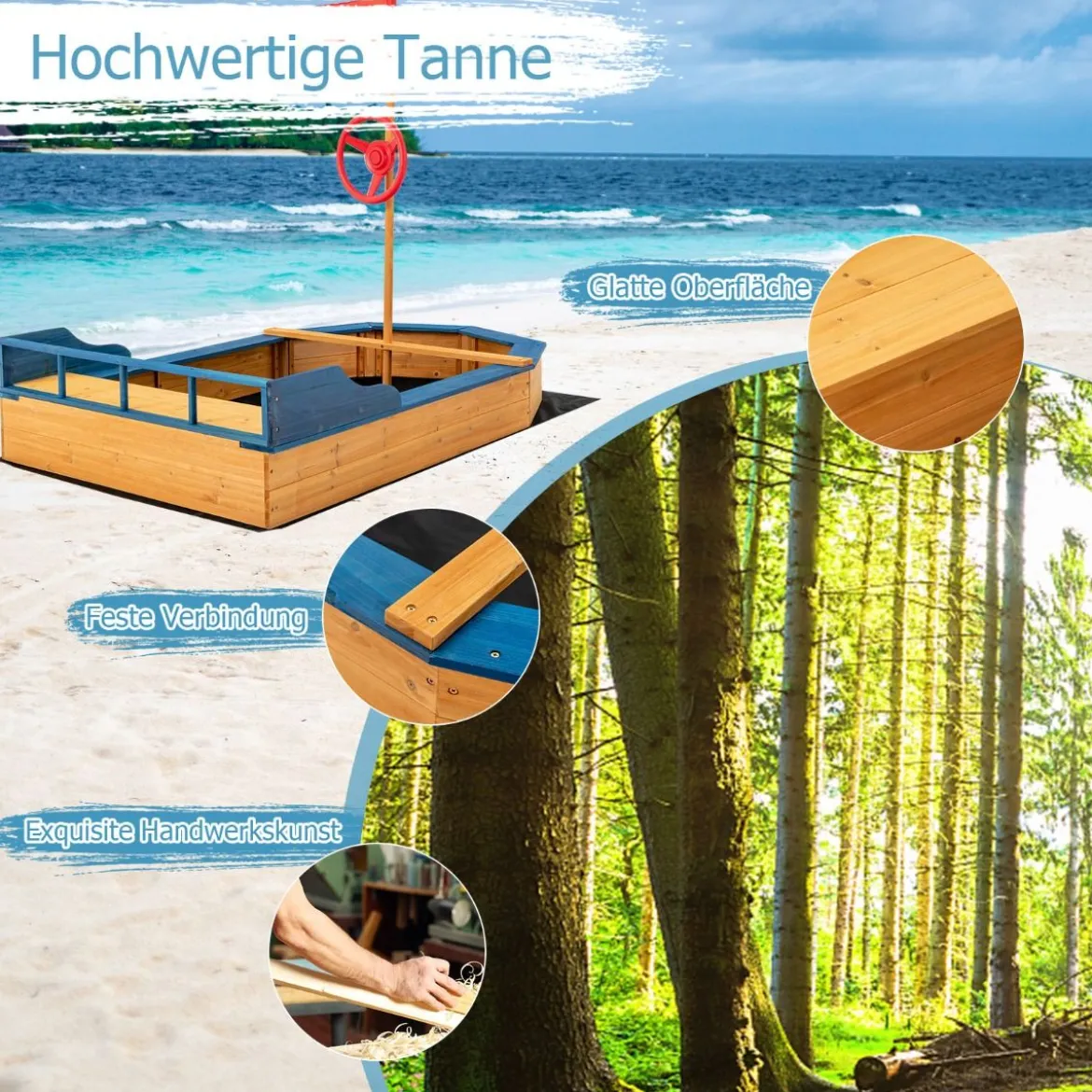 Kinder-Sandkasten Holz-Sandkasten in Piratenschiff-Optik mit Sitzbank und Flagge Holz-Piratenschiff Outdoor 171 x 100 x 130 cm