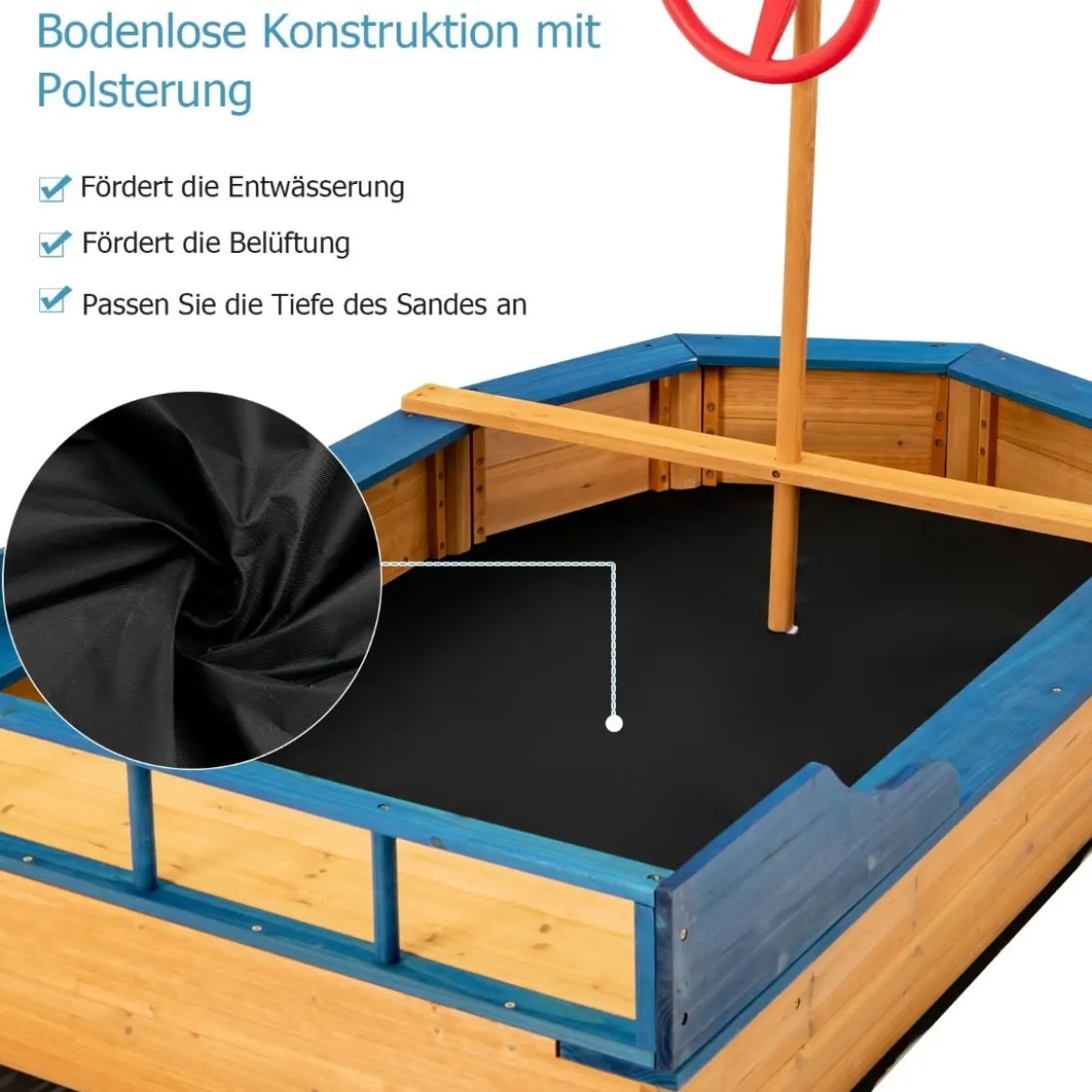 Kinder-Sandkasten Holz-Sandkasten in Piratenschiff-Optik mit Sitzbank und Flagge Holz-Piratenschiff Outdoor 171 x 100 x 130 cm