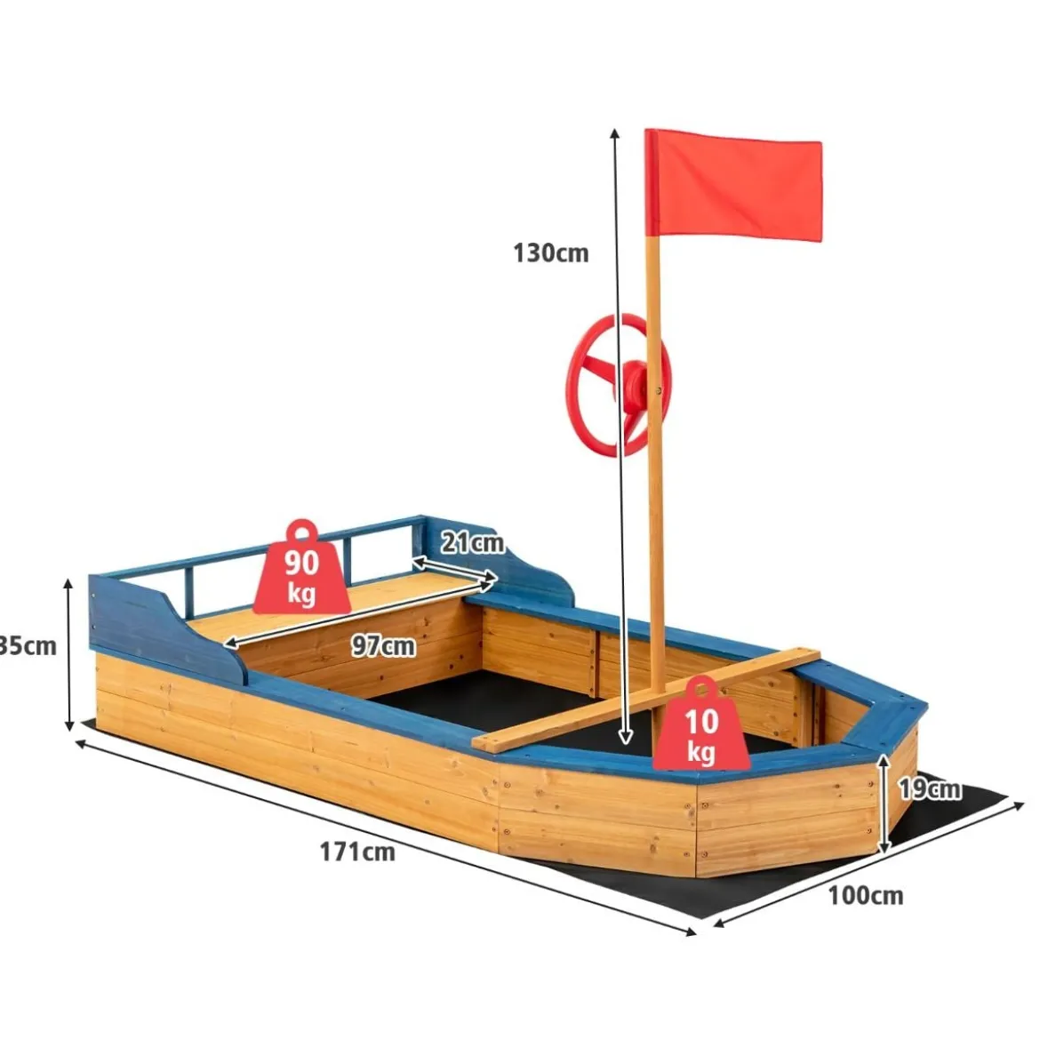 Kinder-Sandkasten Holz-Sandkasten in Piratenschiff-Optik mit Sitzbank und Flagge Holz-Piratenschiff Outdoor 171 x 100 x 130 cm