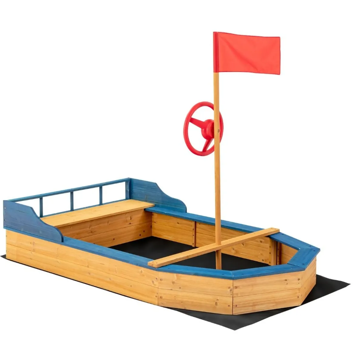 Kinder-Sandkasten Holz-Sandkasten in Piratenschiff-Optik mit Sitzbank und Flagge Holz-Piratenschiff Outdoor 171 x 100 x 130 cm