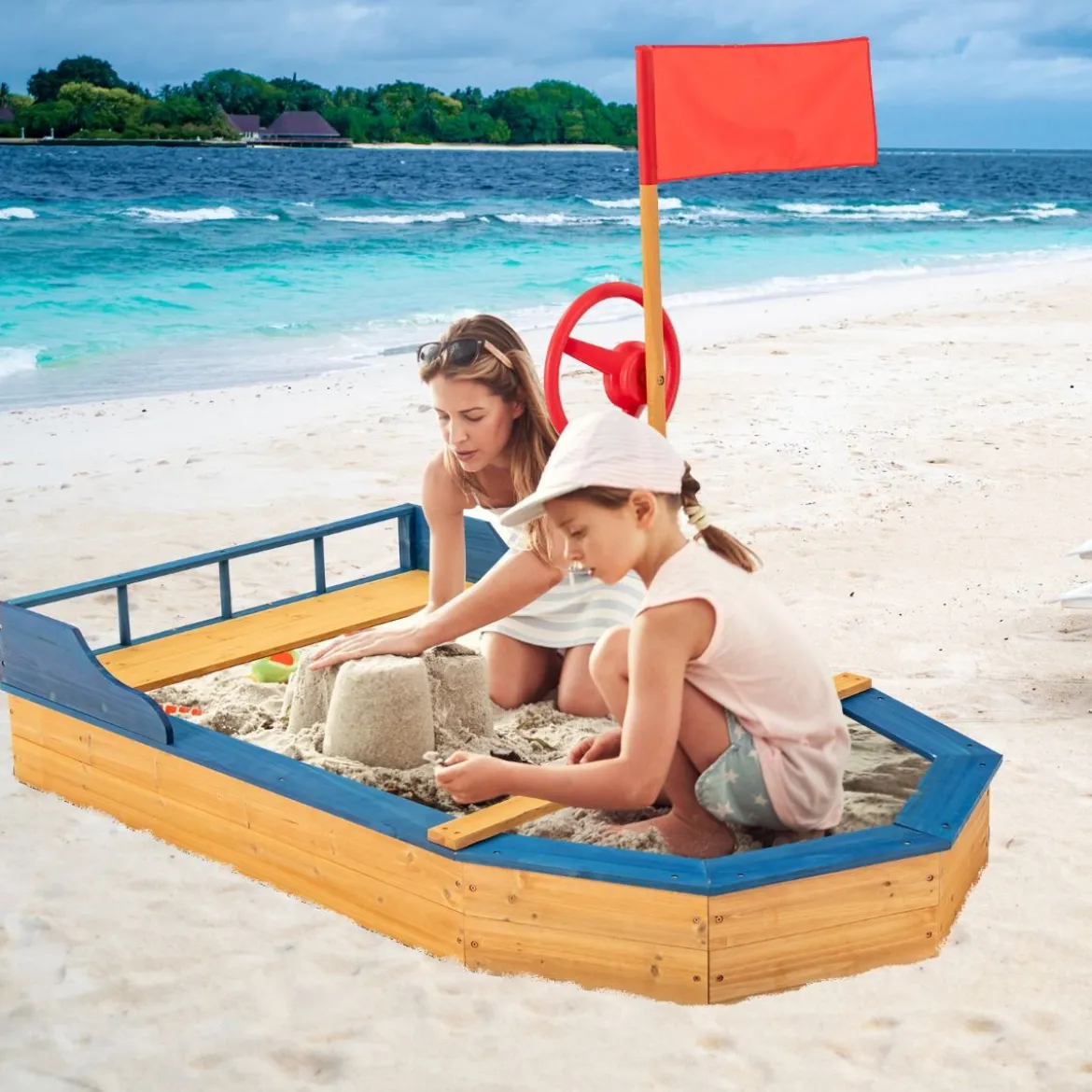 Kinder-Sandkasten Holz-Sandkasten in Piratenschiff-Optik mit Sitzbank und Flagge Holz-Piratenschiff Outdoor 171 x 100 x 130 cm