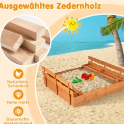 Kinder Sandkasten mit Sitzbänken Holz Sandkiste Sandbox mit Deckel & Bodenvlies 120 x 120 cm