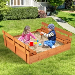 Kinder Sandkasten mit Sitzbänken Holz Sandkiste Sandbox mit Deckel & Bodenvlies 120 x 120 cm