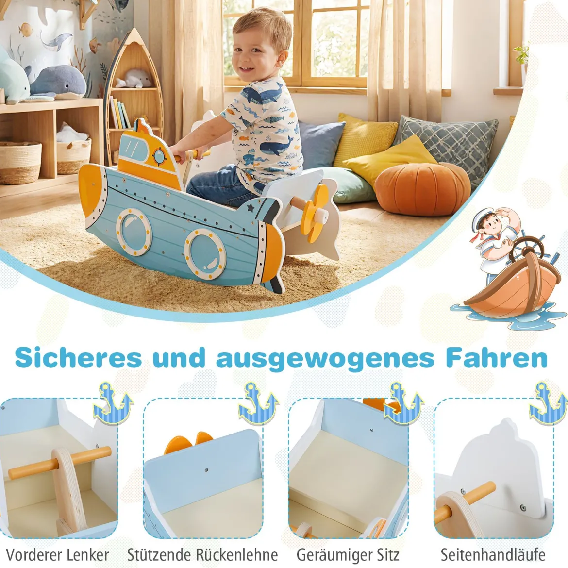 Kinder Schaukelboot mit Nautischem Design & Drehbarem Propeller & Birkenholz-Griffe Schaukelpferd
