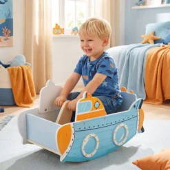 Kinder Schaukelboot mit Nautischem Design & Drehbarem Propeller & Birkenholz-Griffe Schaukelpferd