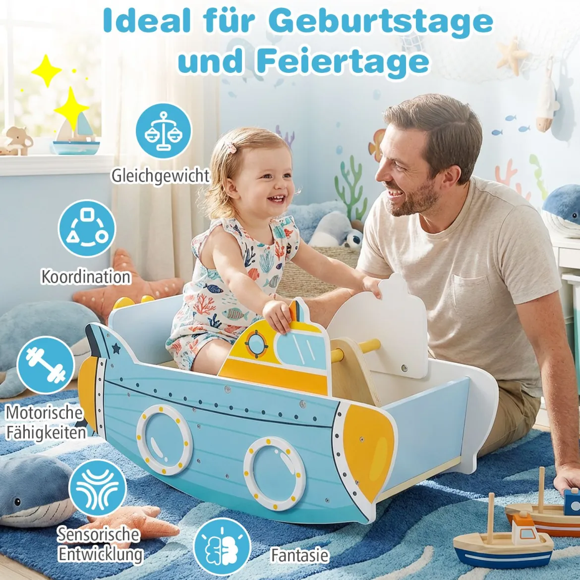 Kinder Schaukelboot mit Nautischem Design & Drehbarem Propeller & Birkenholz-Griffe Schaukelpferd