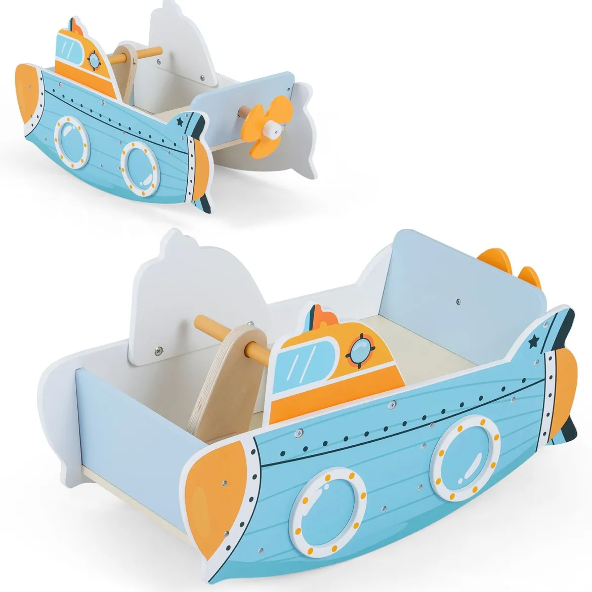 Kinder Schaukelboot mit Nautischem Design & Drehbarem Propeller & Birkenholz-Griffe Schaukelpferd
