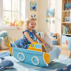 Kinder Schaukelboot mit Nautischem Design & Drehbarem Propeller & Birkenholz-Griffe Schaukelpferd