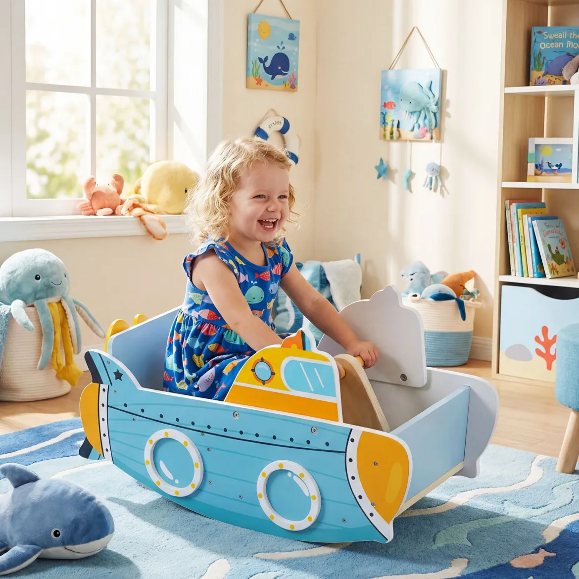 Kinder Schaukelboot mit Nautischem Design & Drehbarem Propeller & Birkenholz-Griffe Schaukelpferd